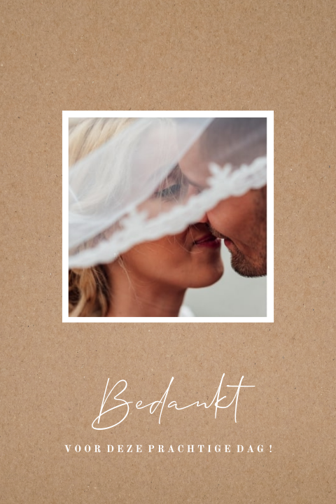 Bedankkaart met foto en witte tekst op kraft-look
