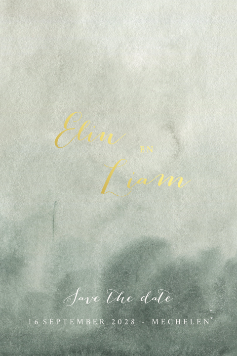 Minimalistische save the date kaart met groene watercolor en goudfolie