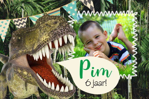 Stoere uitnodiging voor kinderfeestje jongen met dinosaurus en foto