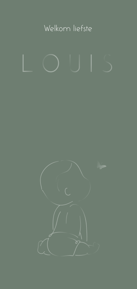 Langwerpig geboortekaartje met lijntekening baby met hoogglans