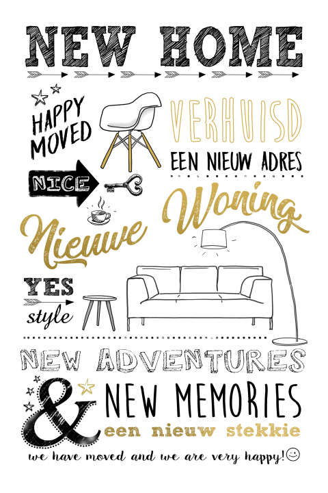 Originele verhuiskaart met hippe typografie en leuke elementen