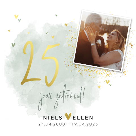 Goudfolie jubileum 25 jaar met mintgroene aquarel en spetters