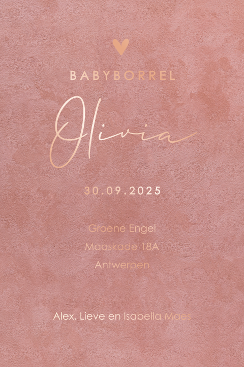 Uitnodiging babyborrel met roze velvet-look en roségoudfolie tekst