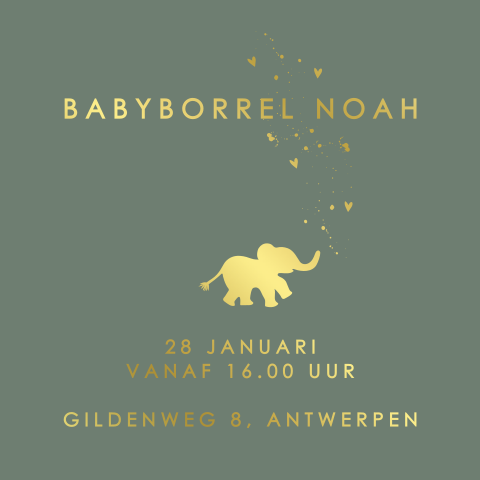 Babyborrel uitnodiging met olifantje in goudfolie