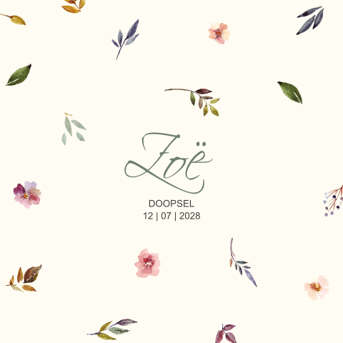 Doopkaartje met bloemetjes en blaadjes van aquarel