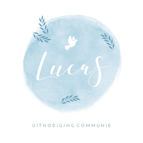 Trendy communie uitnodiging met blauwe waterverf en ronde hoeken