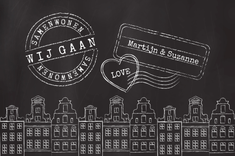 Verhuiskaart met huizen in zwart wit en stempels