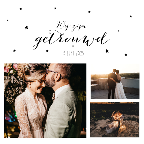 Kaart "Just married" met zwarte sterretjes