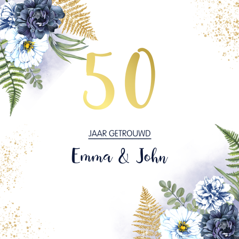 Goudfolie uitnodiging 50 jaar getrouwd - bloemen