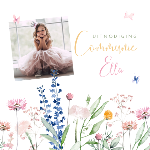 Lief communiekaartje voor een meisje met bloemen en foto