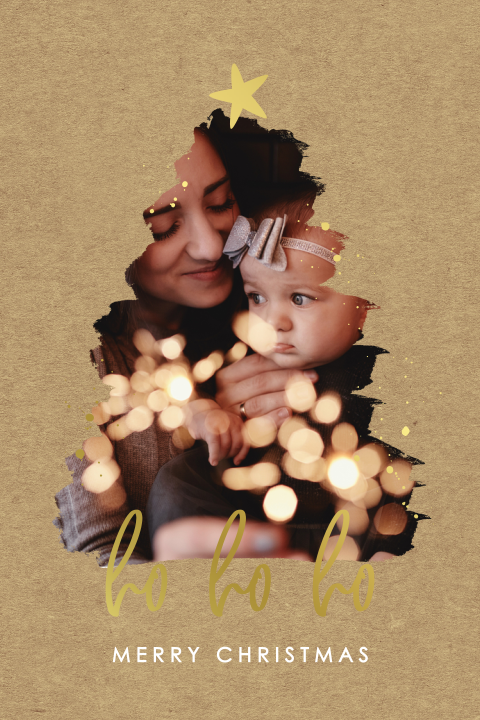 Originele kerstkaart met foto als kerstboom en gouden details