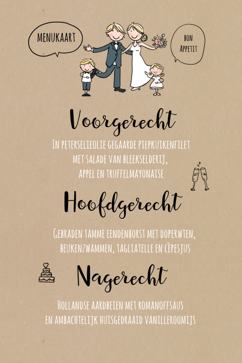 Vrolijke menukaart met grappige strip van bruidspaar