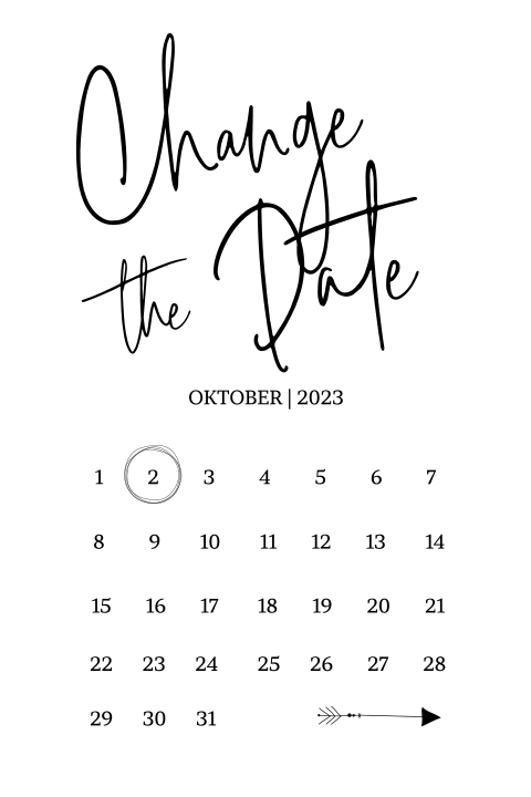 Kaart "bruiloft uitgesteld" met kalender in zwart wit