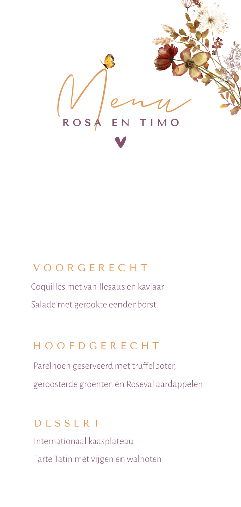 Menukaart met veldbloemen en vlinders