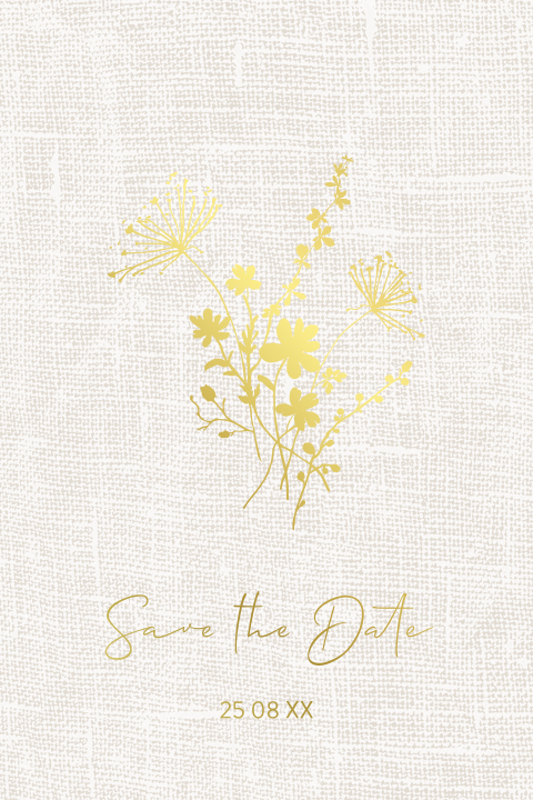 Mooie goudfolie save-the-date kaart met veldbloemen