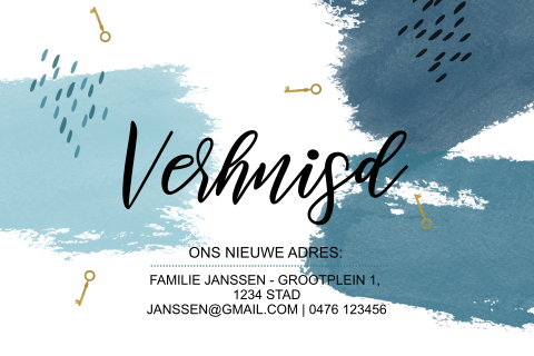 Moderne verhuiskaart met blauwe verfstrepen en sleutels