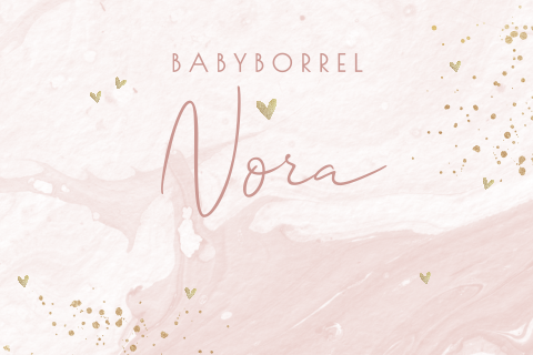 Lief babyborrelkaartje met roze marmer en gouden hartjes