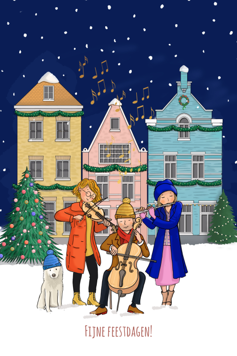 Kerstkaart met illustratie van muzikanten in sneeuw