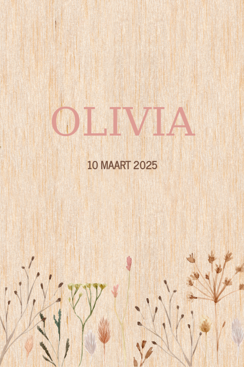 Echt houten geboortekaartje voor een meisje met veldbloemen
