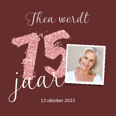 Uitnodiging 75 jaar met glitter cijfer in roségoud