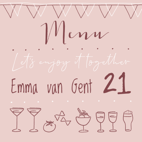 Menukaart 21 diner in het roze met tekeningen