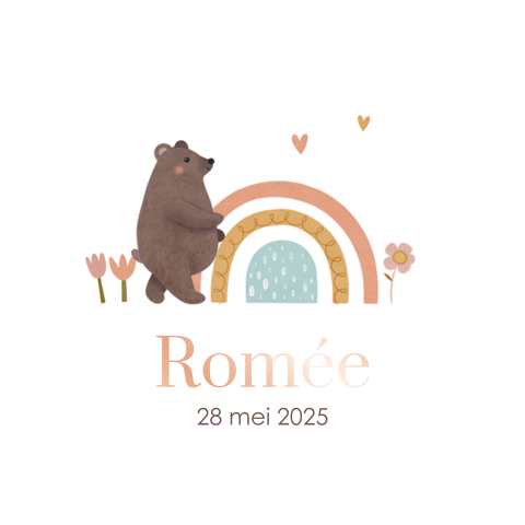 Geboortekaartje met schattig beertje, bloementjes en regenboogje