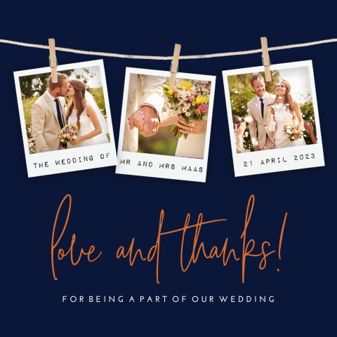 Stijlvolle bedankkaart in donkerblauw met 3 foto's 