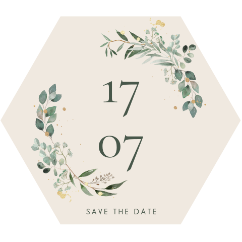 Pastelkleurige save the date kaart met takjes in zeshoek vorm