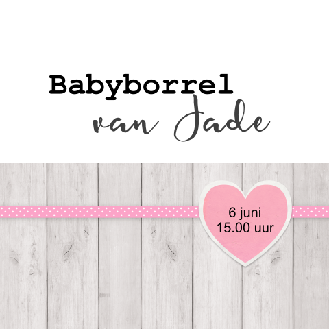 Stoere babyborrelkaart met hout en hartjes in roze