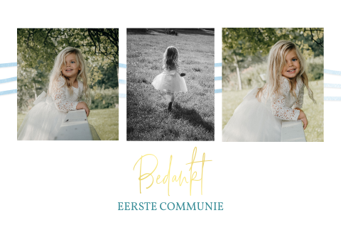 Communie bedankkaart met drie foto's, golven en bootje