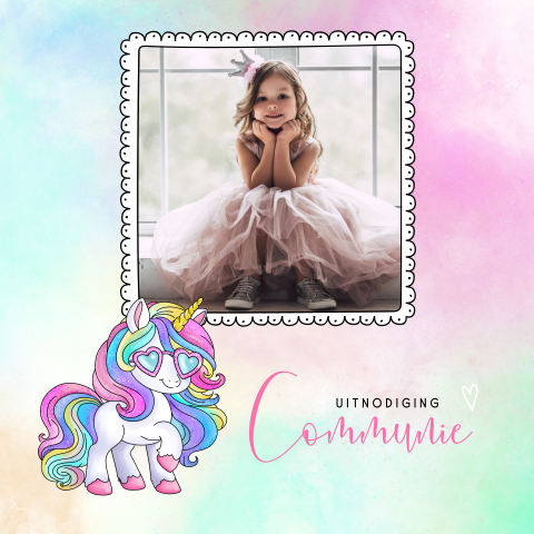 Communiekaart met unicorn en fotokader op watercolor