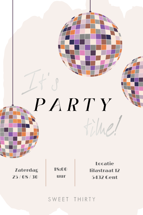 Uitnodiging voor 30ste verjaardag met discobollen, foto's en folie