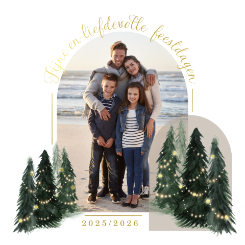 Kerstkaart met foto en kerstboompjes met lampjes