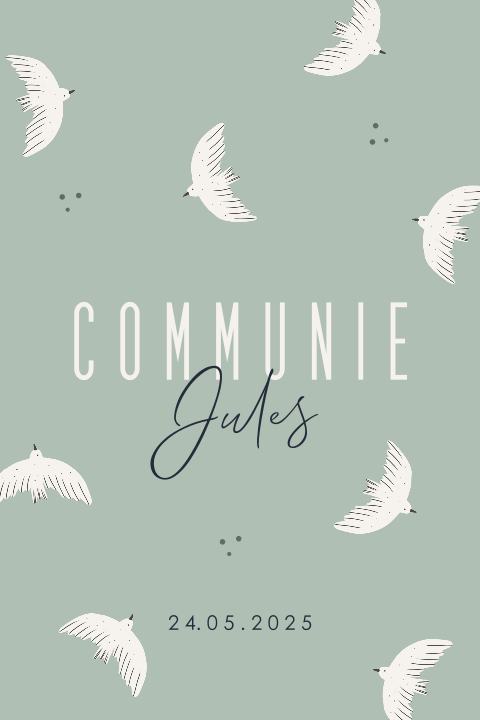 Communiekaart in blauw wit met duiven