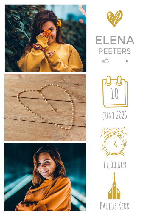 Uitnodiging vormsel met icoontjes in okergeel