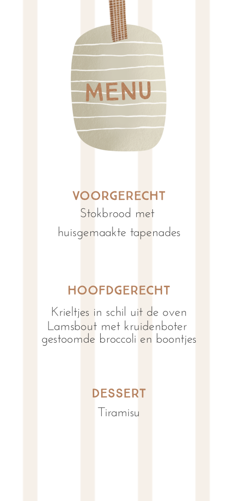 Menukaart met beige strepen en lichtbruin tekstvak