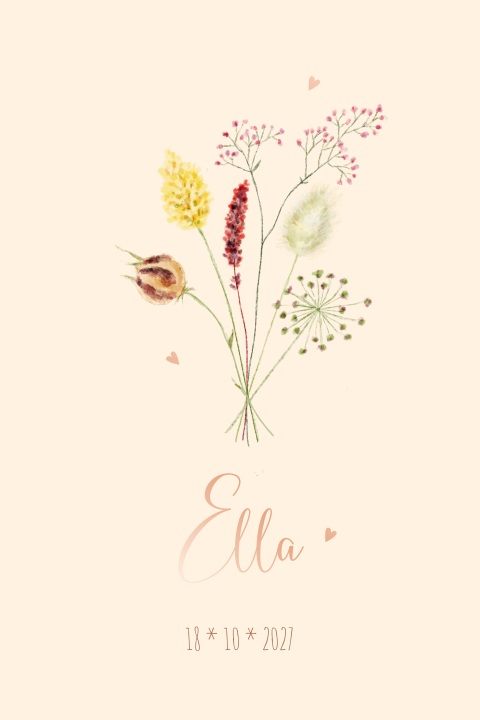 Geboortekaartje met bloemen op zachtgeel en naam in roségoudfolie