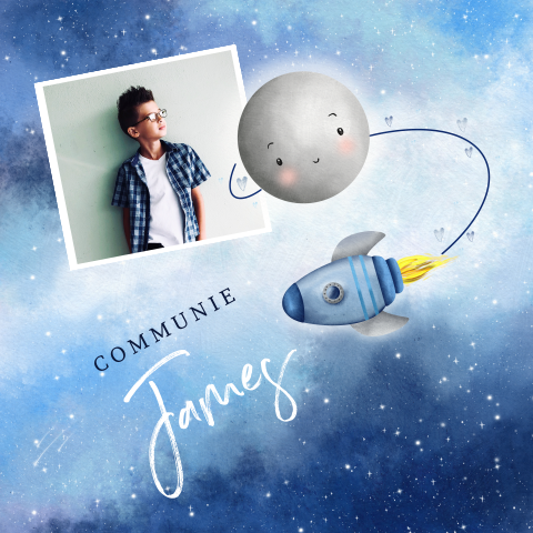 Communiekaart jongen met maan en raket