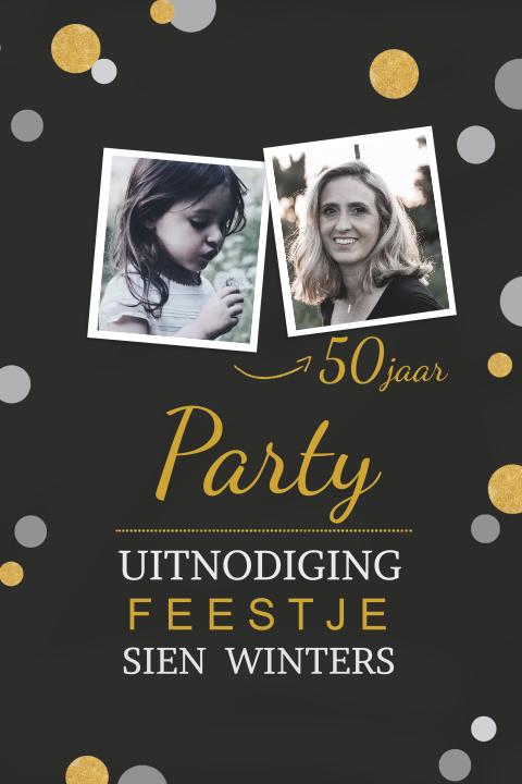 Hippe verjaardagsuitnodiging vrouw met confetti en foto's op zwart