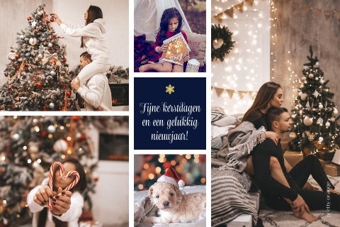 Kerstkaart met fotocollage en goudfolie details
