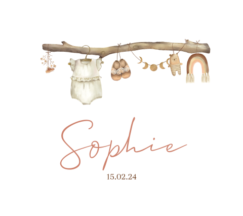 Geboortekaartje meisje met tak en vrolijke baby elementjes