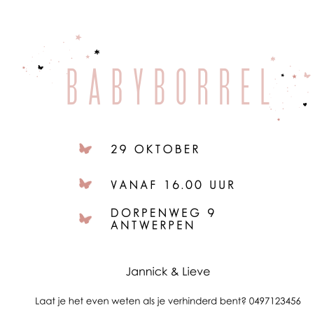 Schattig babyborrelkaartje met kleine roze vlinders