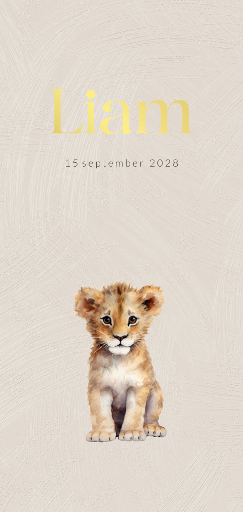 Geboortekaartje met schattig leeuwtje en goudfolie tekst