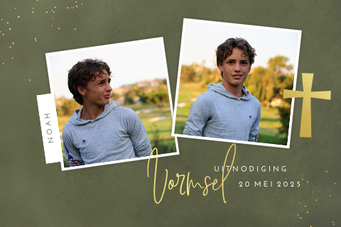 Goudfolie vormsel kaart met twee foto's op donkergroen