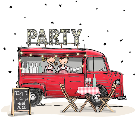 Vrolijke uitnodigingskaart met rood busje en lampjes