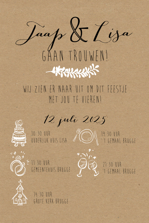 Stoere trouwkaart met tijdlijn en kraft-look