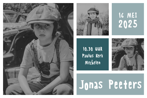 Stoere foto communiekaart met gekleurde blokjes