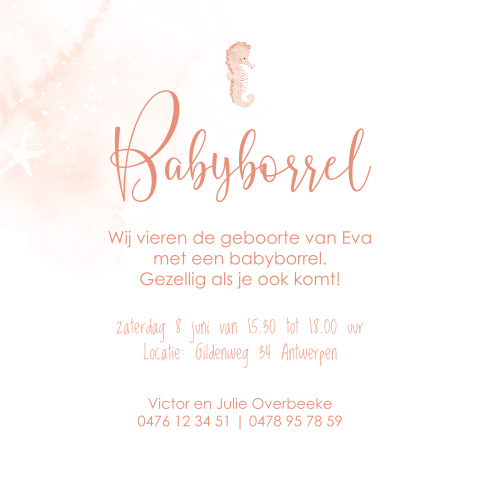 Babyborrelkaartje met schattig zeepaardje en roze aquarel