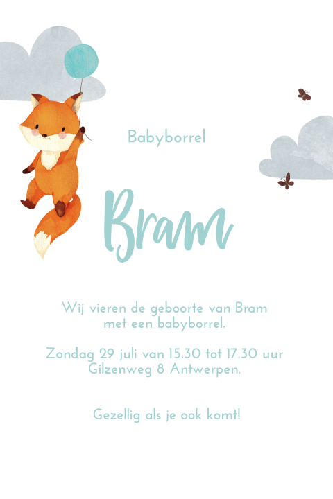 Lief babyborrelkaartje met vosje en blauwe ballon