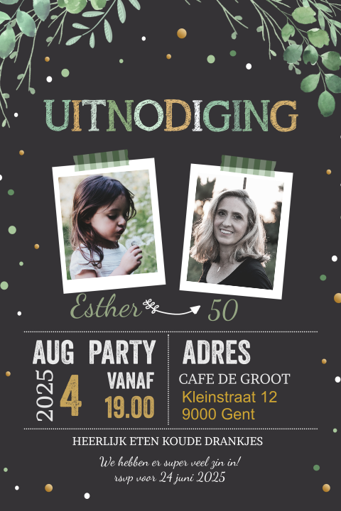 Hippe uitnodiging 40e verjaardag met foto's en takje op krijtbord